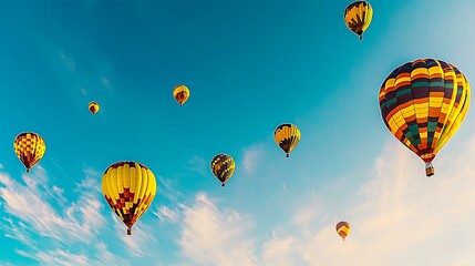 A bright and colorful hot air balloon festival with balloons soaring through a blue sky, creating a sense of excitement and celebration