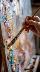 Hand applying thick paint with brush to canvas, creating textured art