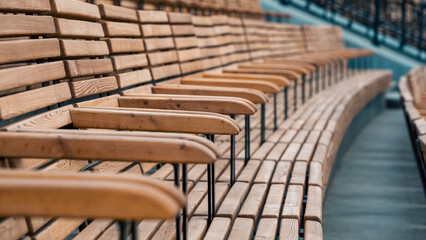 empty wooden classic park benches without people