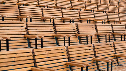 empty wooden classic park benches without people