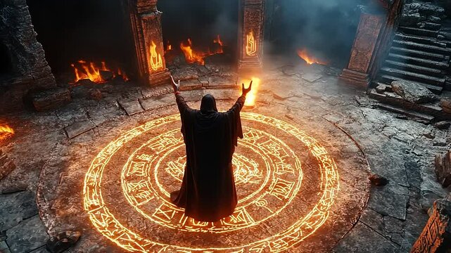 Mysterious sorcerer casting a spell in an ancient, fiery temple with mystical symbols