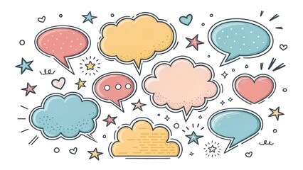 Set of doodle and speech bubble vector. Collection of contemporary figure, speech bubble, arrow, sparkle, crown. Chat design element perfect for banner, print, sticker, cartoon, comic.

