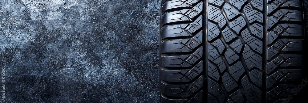 Poster a close-up of a tire showcasing its tread pattern against a textured surface, emphasizing durability