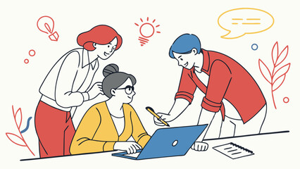 Collaborative Business Brainstorming Session: Three Diverse Professionals Working Together on a Laptop, Generating Ideas and Communicating for Innovation and Teamwork