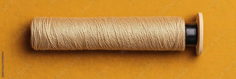 Poster a spool of thread in a neutral color placed on a vibrant yellow background, emphasizing its texture 