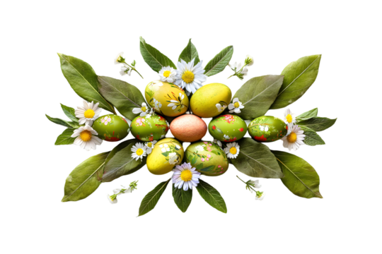 Whimsical Easter Eggs Decorated Like Fruits Surrounded by Green Leaves and Daisies