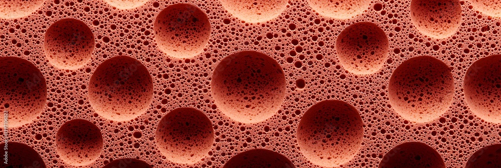 Poster abstract image featuring red circular shapes surrounded by smaller bubbles, showcasing a textured su