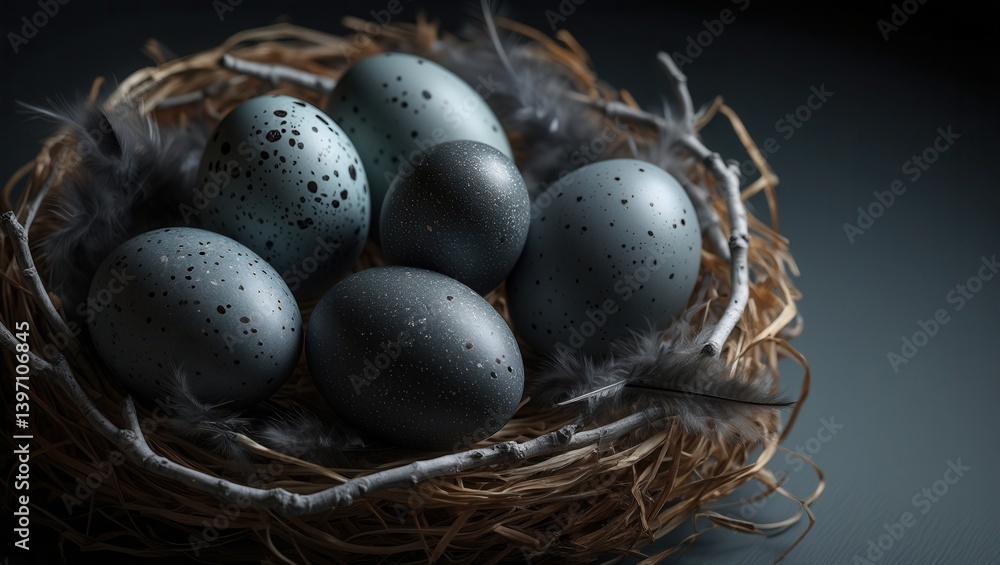 Poster unique speckled eggs arranged in a nest surrounded by soft feathers on a dark backdrop