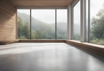 out there window seat are ceiling wall see nature plank floor contemporary look large concrete wooden style view tile empty white wood room mininal 3d render furniture tree fabric house decoration