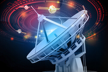 Satellite dish antenna, telecommunication technology background. 3d illustration..