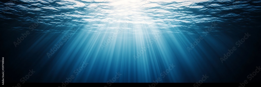 Poster a serene underwater scene with sunlight filtering through the water, creating a tranquil atmosphere.
