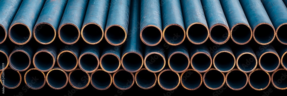 Poster a close-up view of stacked industrial pipes, showcasing their circular ends and metallic finish, emp