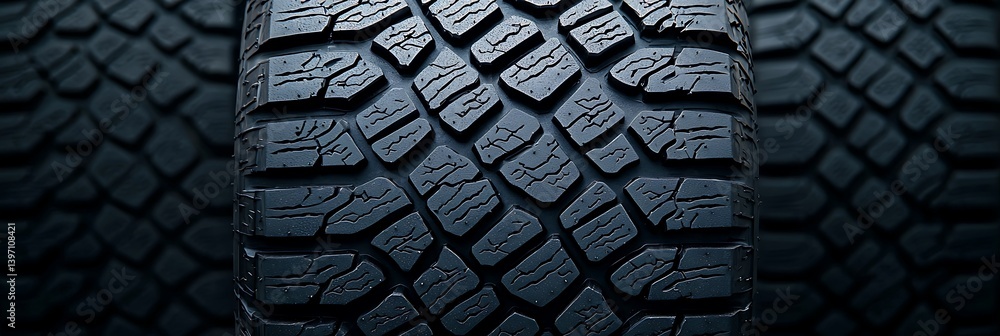 Poster a close-up of a tire tread, showcasing intricate patterns designed for traction and performance on v