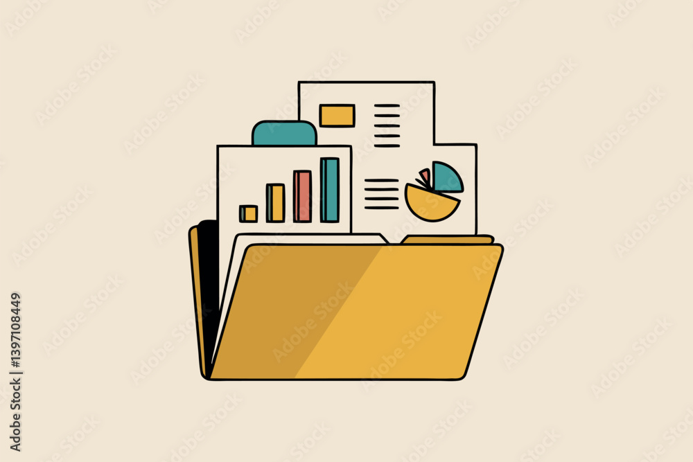 Poster flat design illustration of yellow folder with business reports and graphs