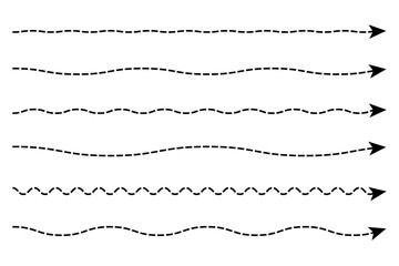 Set of long wavy, zigzag dashed line vector arrows