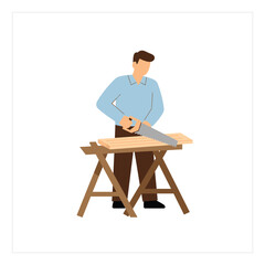 Faceless carpenter character man sawing wood plank with handsaw on sawhorse, flat vector illustration isolated on white