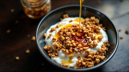 Muesli with creamy milk mousse and honey
