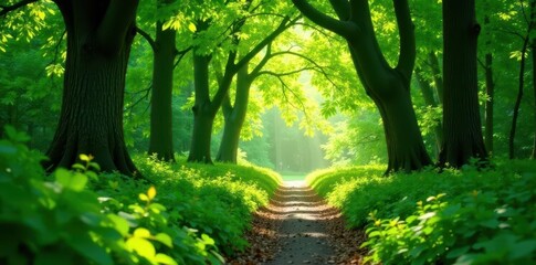 Naklejka premium Emerald canopy, glistening leaves, sunlit path, lush, after rain, chlorophyll