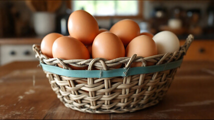 Woven basket with fresh chicken eggs
