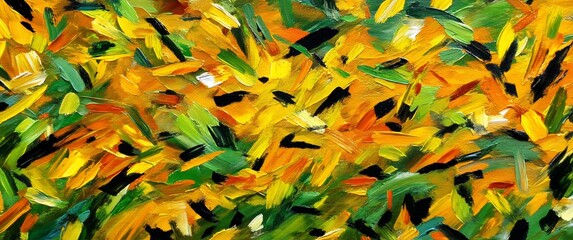 Impressionistic painting shows yellow, green, and black strokes of color