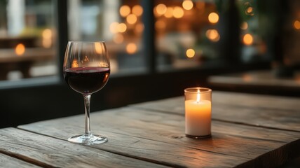 Red Wine and Candlelight on Rustic Wooden Table