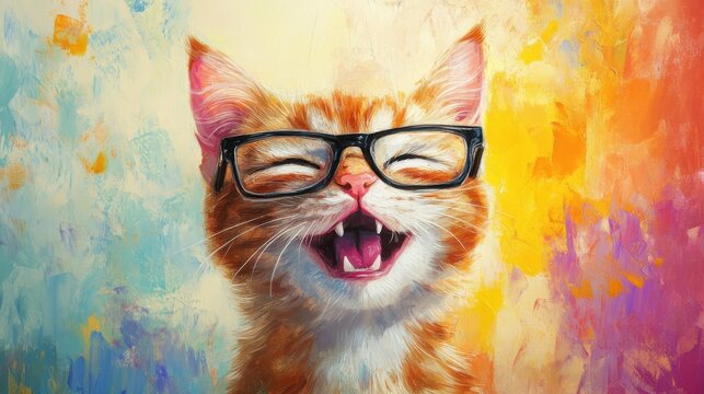 Art painting oil color. funny. Smiling cute cat , cat. wearing glasses , meaow illustration