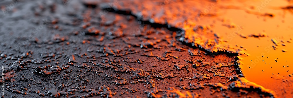 Poster a close-up view of a textured surface with water droplets reflecting warm orange tones, creating a v