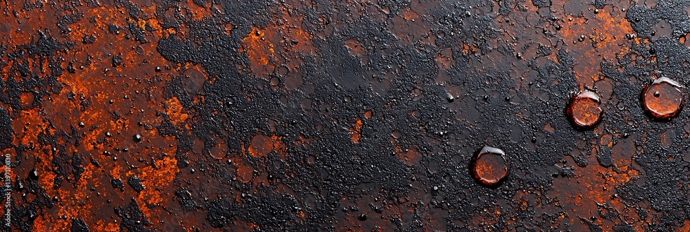 Poster a textured surface with rust patterns and water droplets, showcasing a combination of earthy tones a