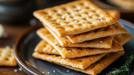 Crispy crackers stacked on a dark plate with salt