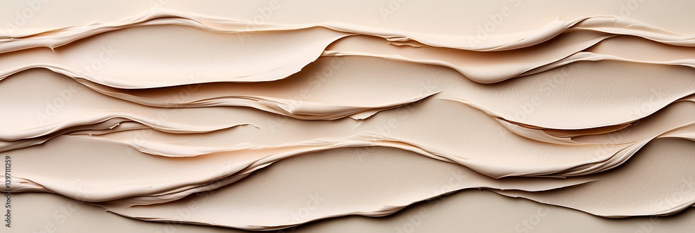 Poster a textured surface with layered, wavy patterns in soft beige tones, evoking a sense of fluidity and 