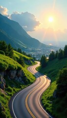 Sunlit road curves through verdant hills toward a gleaming urban panorama , scenic, hills, spring