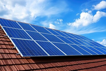 Solar panels shine blue on a home rooftop against blue sky. Showcasing renewable energy for sustainable living concept.