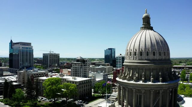 Drone shot of Boise, Idaho's downtown sector with the capital building prominently in the foreground.