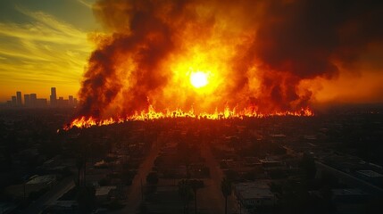 City skyline with massive wildfires and intense smoke against a golden sunset