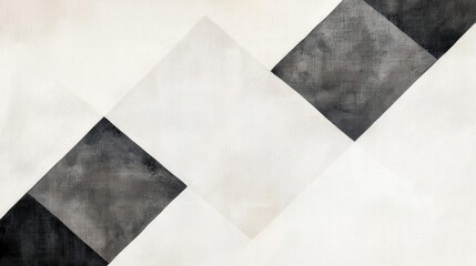 Abstract painting with a white background. it consists of three black and white geometric shapes arranged in a diagonal line.