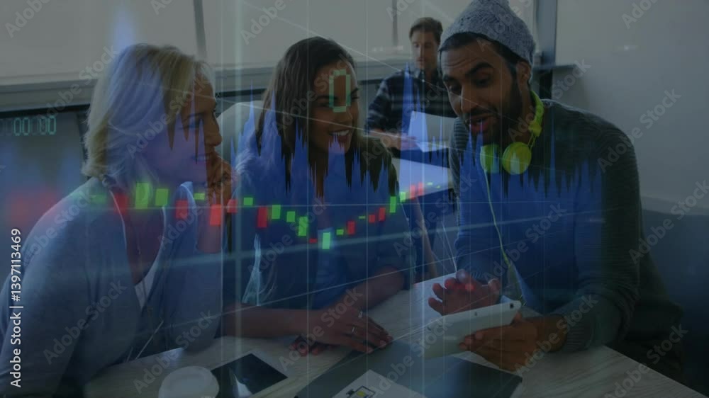 Poster diverse group discussing over tablet with stock market data animation overlay