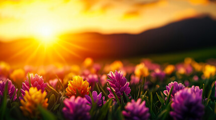 Naklejka premium A vibrant spring meadow filled with blooming colorful flowers under the golden light of a setting sun. The soft focus highlights the delicate petals and fresh green grass