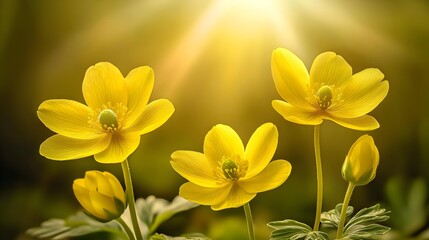 Fototapeta premium Bright Yellow Flowers Blooming in a Spring Meadow Under Sunlight