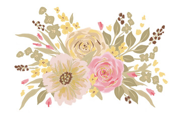 Wildflowers rustic bouquet with pink and yellow roses. Greenery brances of flowers and herbs. Hand drawn botanical illustration, isolated on white background