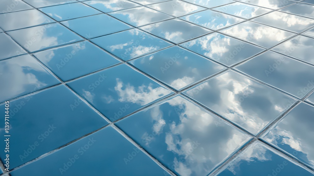 Poster reflective blue square tiles mirroring sky and clouds tiled dreamscape abstract seamless pattern sur