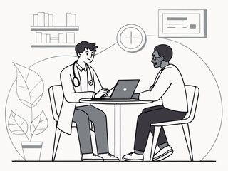 Vector Illustration of a Friendly Doctor Consulting a Patient in a Modern Medical Office – Healthcare Discussion, Telemedicine, and Professional Medical Advice Concept