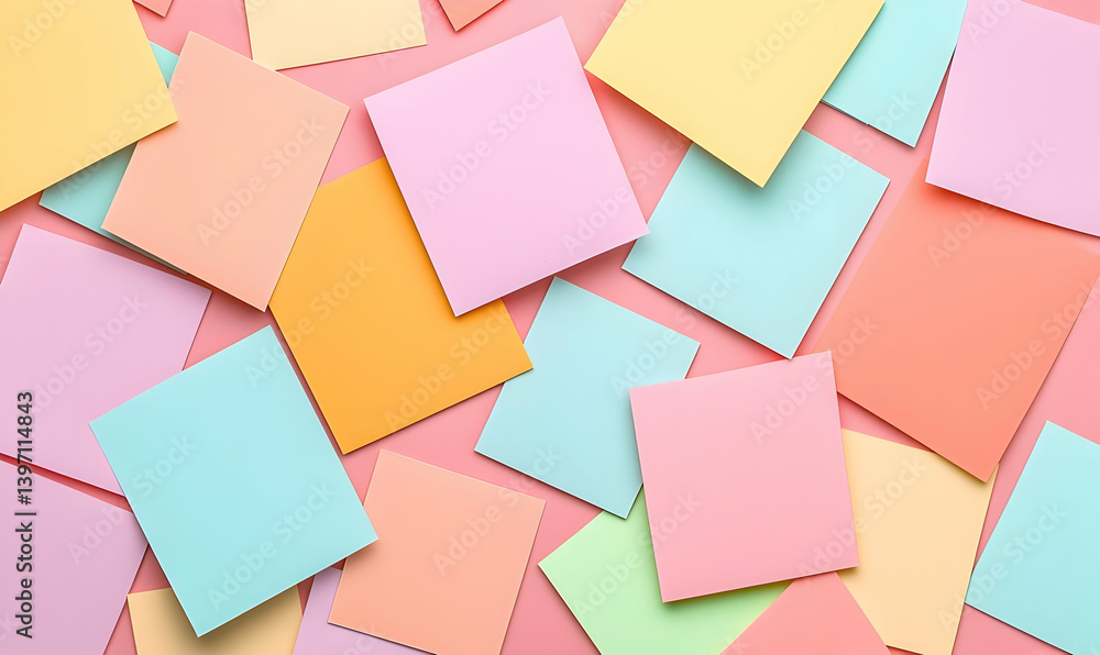 Poster colorful overlapping sticky notes in a vibrant pattern on a surface