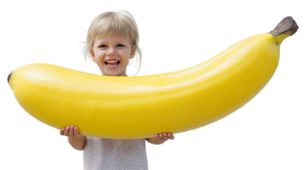 Child joyfully holds giant banana in sunny outdoor setting, showcasing pure delight and childhood playfulness