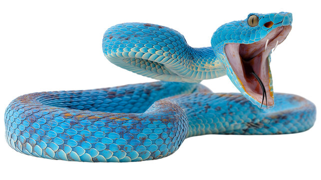 Blue pit viper caught in mid-strike with mouth wide open displays striking colors and dynamic pose in natural environment