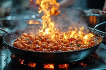 A chef cooking in a bustling restaurant kitchen, surrounded by pots and pans, with visible food preparation and cooking activities.