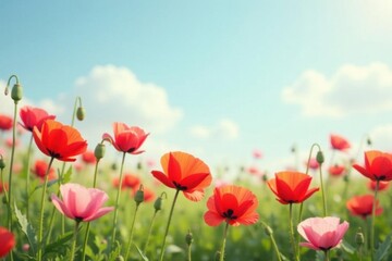 Pastel poppies bloom in summer field, soft light , artwork, close-up