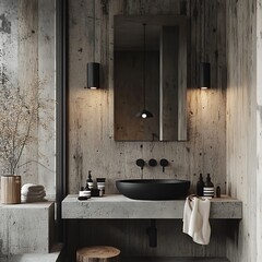 Elegant industrial washroom with cement walls and subtle lighting