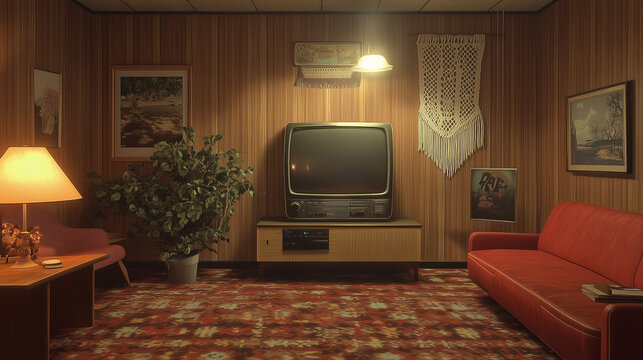 Vintage living room interior with retro television and cozy decor  