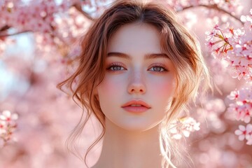 Fototapeta premium Commercial ad campaign creative. Lovely caucasian young woman surrounded by cherry blossoms. Spring mood, golden hour in sunset. Woman in a commercial spring photo shoot.