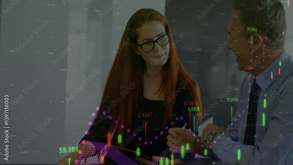 Poster financial data processing animation over two colleagues discussing in office
